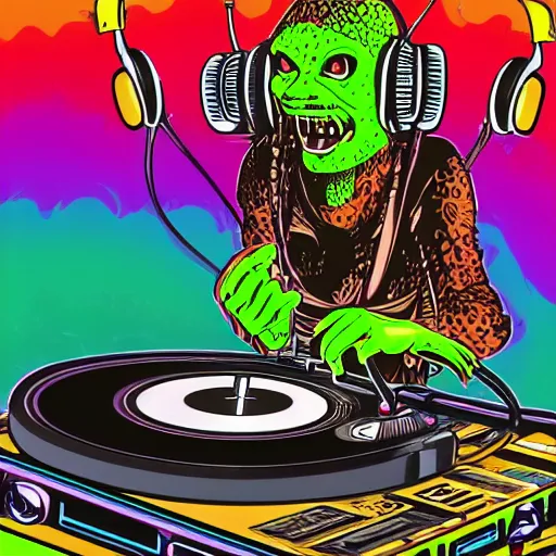 Image similar to svg sticker of a Pop-Wonder Alien-Bog-Monster-Swamp-Rat-Thunder-Coot-Racing-Fan at a rave, spinning records, giant headphones rocking out, wearing headphones, huge speakers, dancing, rave, DJ, spinning records, digital art, amazing composition, rule-of-thirds, award-winning, trending on artstation, featured on deviantart