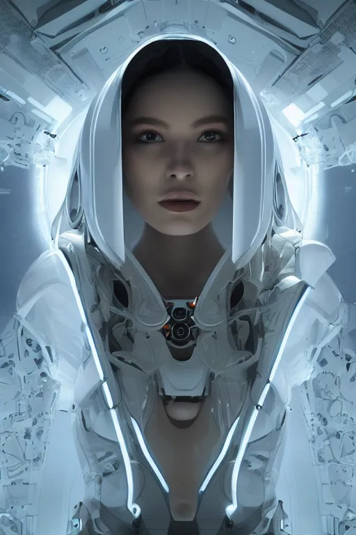 Image similar to beautiful cyborg priestess, scifi, perfect face, futuristic, elegant cape, aura of light, glow, concept art, sharp focus, inside a space ship, trending on artstation, hwang se - on, intricate, advanced technology, art by roman makarenko and simon almeida and marcos melco