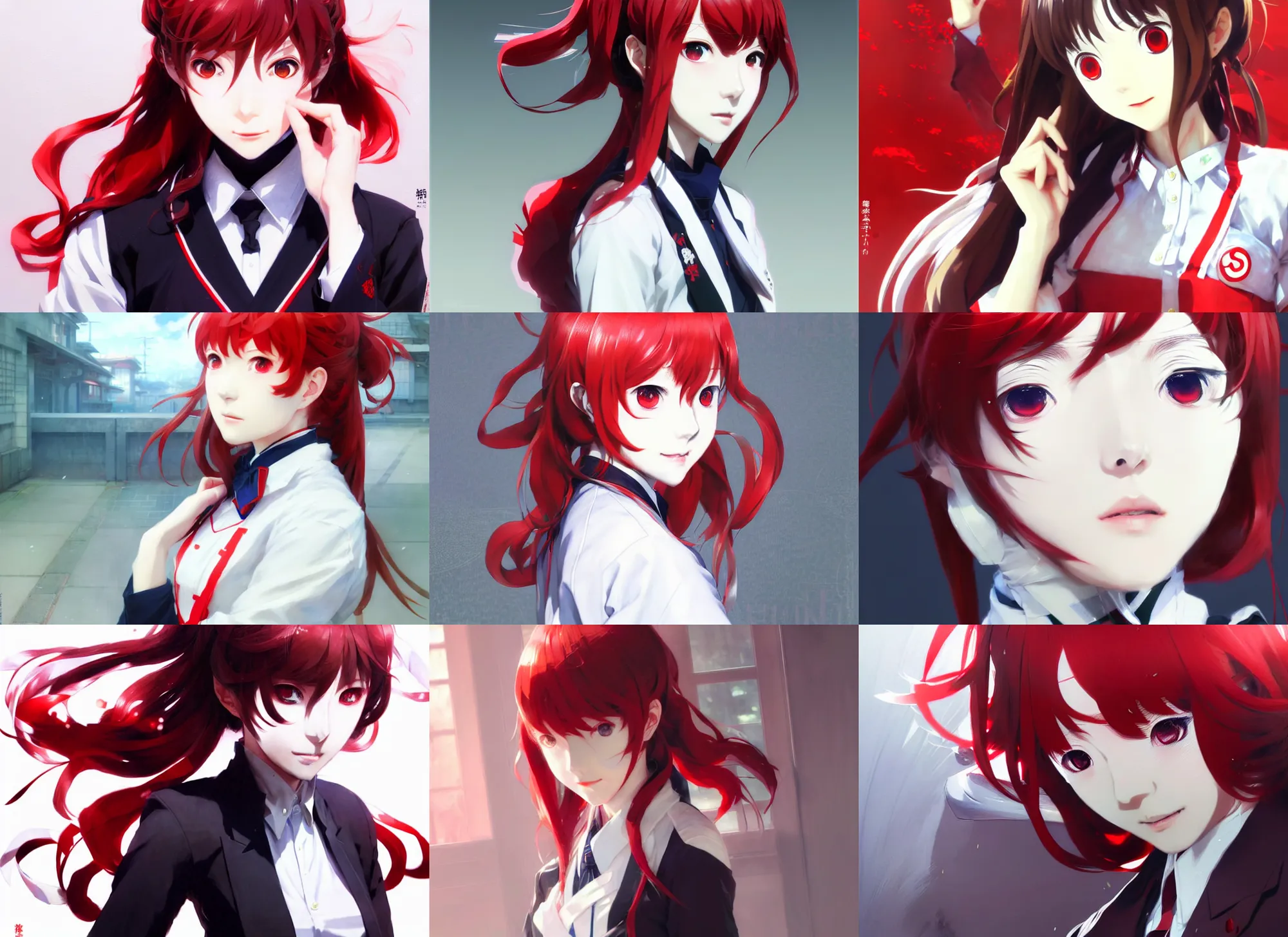 Image similar to kasumi yoshizawa from persona 5 anime, red hair, white school uniform, intricate, sharp focus, illustration, highly detailed, digital painting, concept art, matte, art by ruan jia and wlop and greg rutkowski, masterpiece