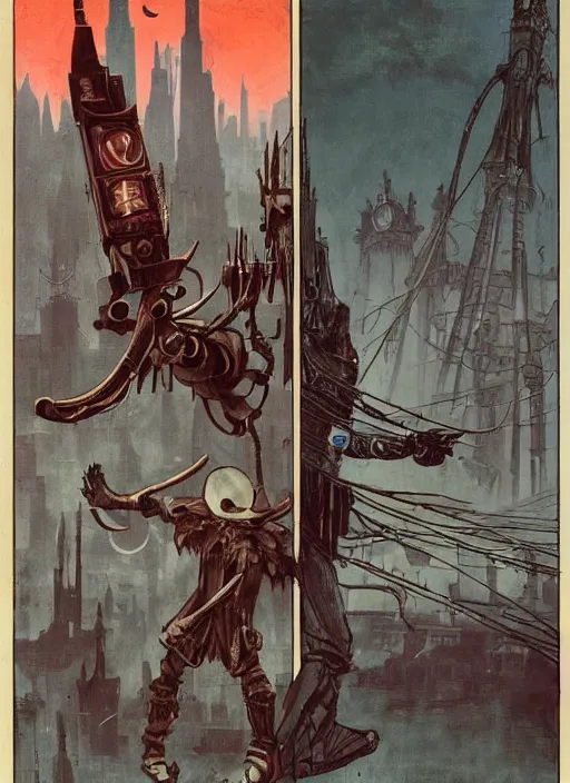 Prompt: a hunter from bloodborne vs retrofuturism robot in yharnam, style by retrofuturism, faded red and yelow, by malcolm smith, old comics in city, nicholas roerich