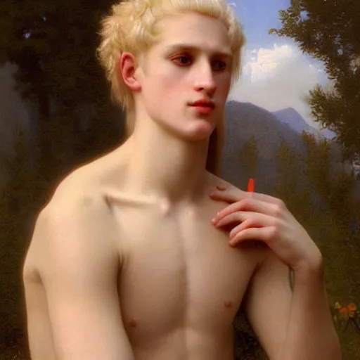 Prompt: PORTRAIT Painting of an albino germanic young androgynous Apollo. LONG CURLY light blond hair. Sharp angular clean shaven face high cheekbones hooked nose. Art by william adolphe bouguereau. During golden hour. Extremely detailed. Beautiful. 4K. Award winning.