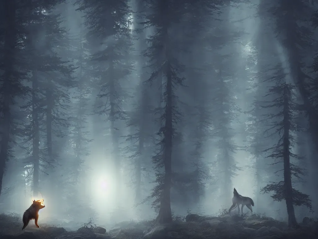 Prompt: a wolf with a lantern held on its mouth travelling through a dark, gloomy forest with stars around it, zaba style, cinematic, sunbeams, detailed, hq, trending on artstation, wide shot, dramatic lighting