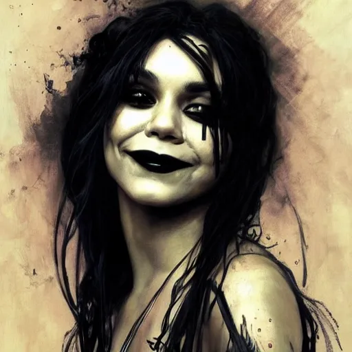 Image similar to beautiful portrait of vanessa hudgens as death from sandman, smiling, by cedric peyravernay, alphonse mucha, by jeremy mann, by lecouffe deharme, goth chic, soft lightning, eyeliner, punk rock, high detailed, 8 k