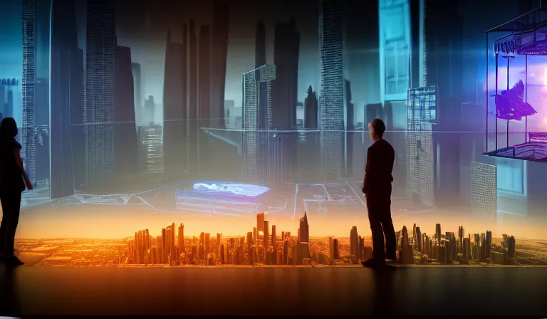 Image similar to large group of people in simple warehouse, looking at hologram of futuristic city on a table, cinematic concept art, godrays, golden hour, natural sunlight, 4 k, clear details, tabletop model buildings, center model buildings, hologram center, crane shot, crane shot, crane shot