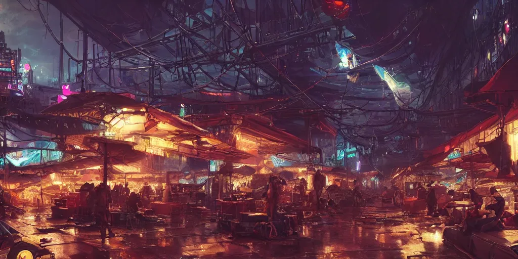 Prompt: screenshot of a night marketplace in a massive makeshift city, neon lights, colossal arcing metal structures high in the sky, beautiful, awe inspiring, fps, james gurney, greg rutkowski, sparth, cinematography, cinematic masterpiece