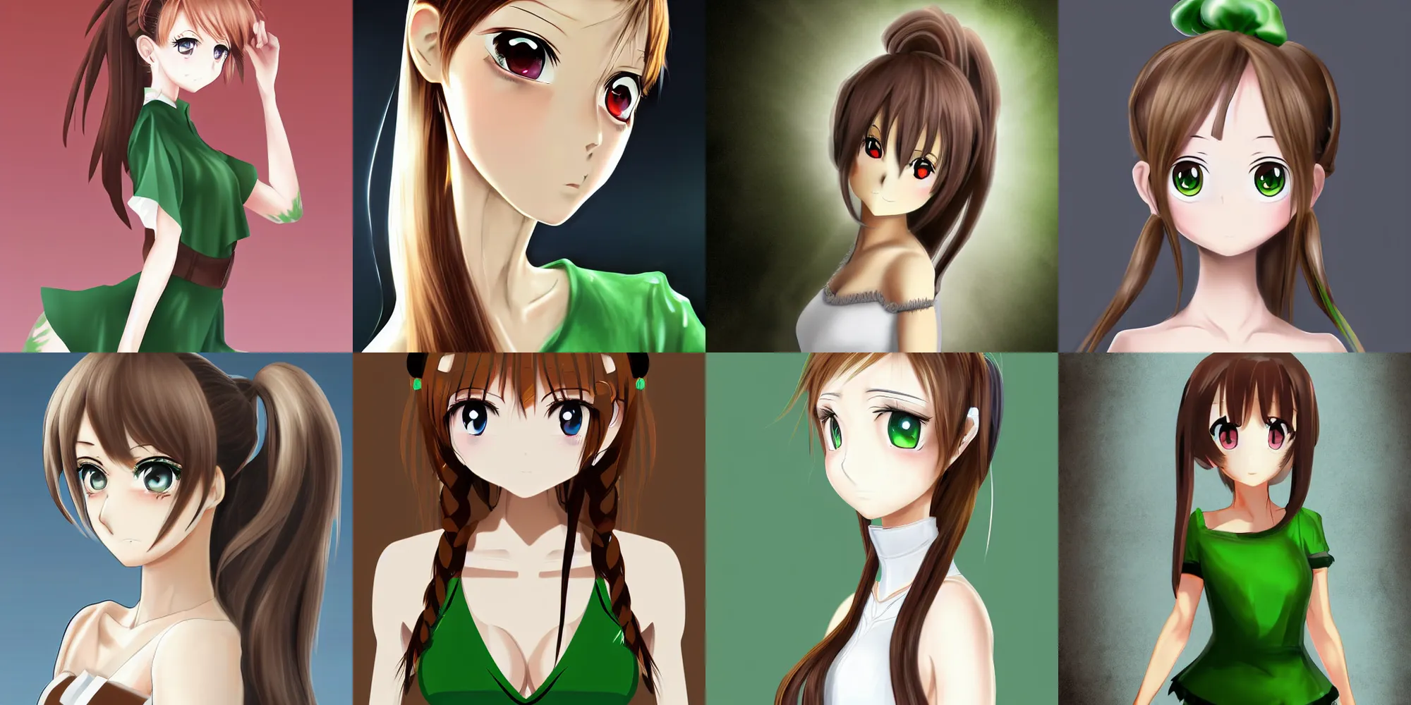 Prompt: Anime girl with green eyes and brown ponytail wearing a white dress, digital art comission, high resolution