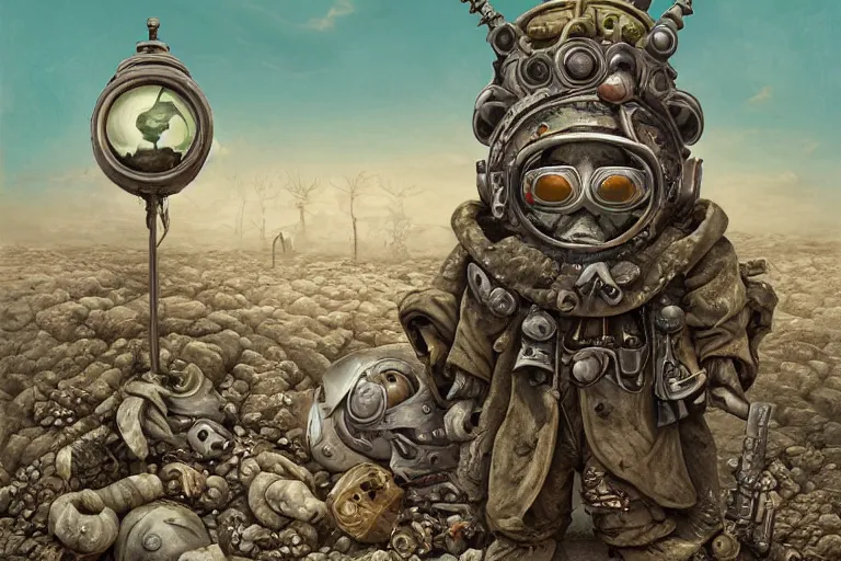 Image similar to a highly detailed forgotten garden gnome wearing goggles and head scarf surviving in a vast barren desert, hopeless wasteland background with a relentless raging sun overhead, post - apocalyptic road warrior vibe, full body, wide angle, an ultrafine detailed painting by joe fenton, trending on deviantart, pop surrealism, whimsical, lowbrow, perfect symmetrical face, sharp focus, octane, masterpiece