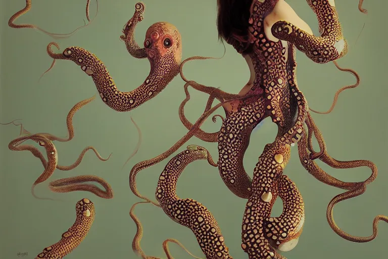 Image similar to a female body with octopus suction cups by yayoi kusama rending on cgsociety, retrofuturism, reimagined by industrial light and magic, darksynth, sci - fi