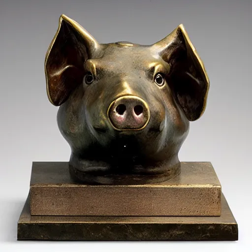 Prompt: pig's head sculpture cast bronze museum catalog photograph