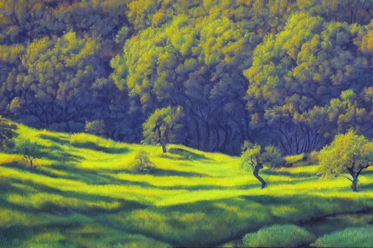 Image similar to masterpiece painting of oak trees on a hillside overlooking a creek, dramatic lighting, by tom hammick