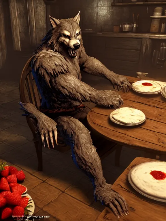 Image similar to cute handsome cuddly burly surly relaxed calm timid werewolf from van helsing sitting down at the breakfast table in the kitchen of a normal country home cooking having fun lighthearted whimsy baking strawberry tart cakes unreal engine hyperreallistic render 8k character concept art masterpiece screenshot from the video game the Elder Scrolls V: Skyrim