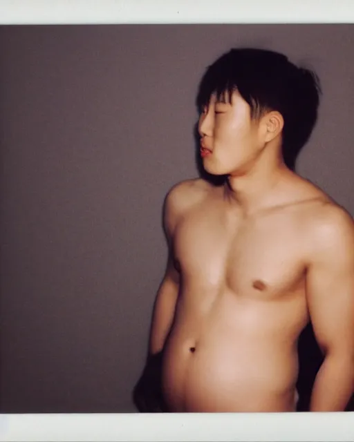 Prompt: Young muscular male Korean protagonist shirtless with a big pregnant belly, instax photo