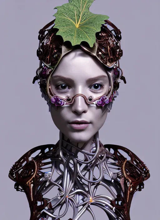 Prompt: bw 3 d model, biomechanical female cyborg with porcelain profile face and a big floral eye, big leaves foliage and stems, morning glory flowers, hibiscus flowers, boho floral vines, sinuous fine roots, fine filigree foliage lace, alexander mcqueen, rim light, art nouveau fashion pearl embroidered, steampunk, redshift render, artstation, 8 k