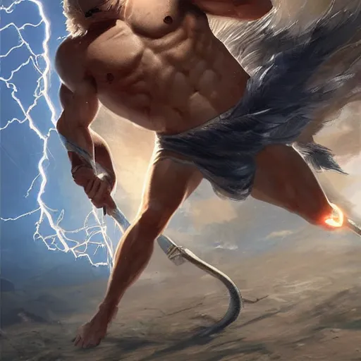 Image similar to benjamin netanyahu as a greek god of lightning, shooting lightning bolts, highly detailed, ultra clear, by artgerm and greg rutkowski