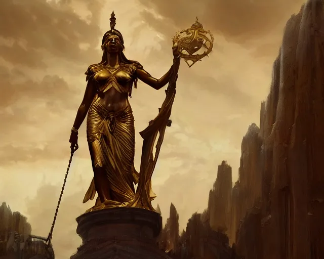 Prompt: imposing colossal golden statue of the goddess of justice, a fantasy digital painting by Greg Rutkowski and James Gurney, trending on Artstation, highly detailed