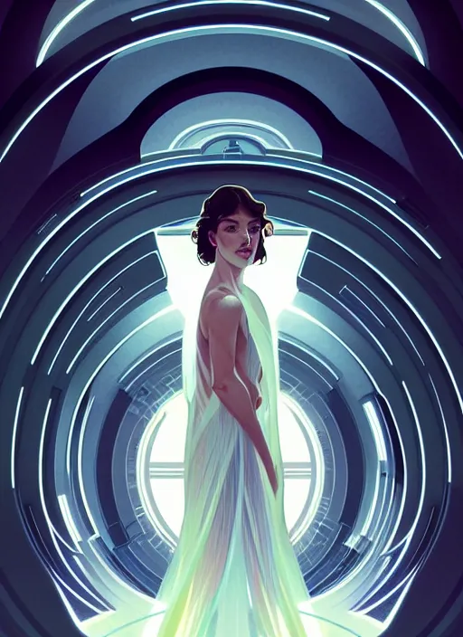 Image similar to symmetry!! portrait bride, going down the stairs, futurism, sci - fi, glowing lights!! intricate, elegant, highly detailed, digital painting, artstation, concept art, smooth, sharp focus, illustration, art by artgerm and greg rutkowski and alphonse mucha, 8 k