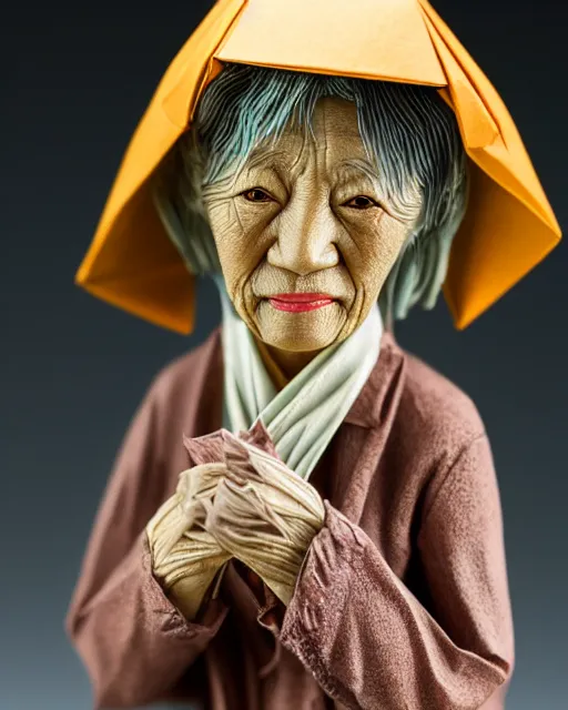 Image similar to an origami wrinkled old fisherlady by akira yoshizawa, realistic, very detailed, complex, intricate, studio lighting, bokeh, sigma 5 0 mm f 1. 4