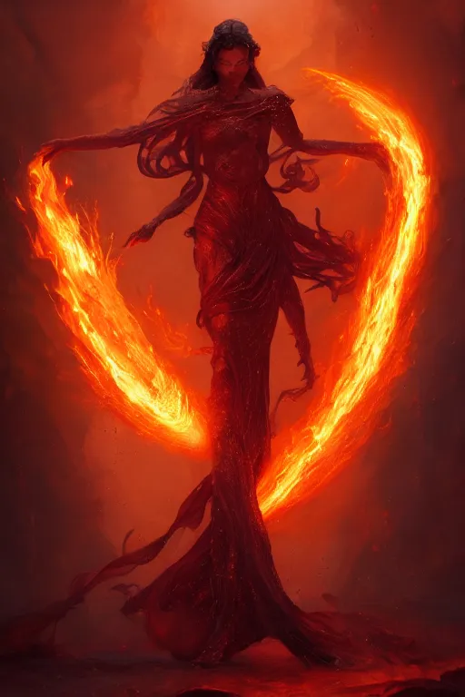 Prompt: fantasy character art by laura zalenga and alexander holllow frdosav, eldritch volcanic fire goddess clothed in a flaming gown, volcanic embers, magma, detailed matte fantasy portrait, dynamic lighting, by greg rutkowski, by peter mohrbacher, by brom, hyperrealism, detailed face, 8 k dop dof hdr