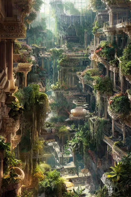 Image similar to magnificent view of the hanging gardens of babylon, intricate, elegant, volumetric lighting, digital painting, highly detailed, artstation, sharp focus, illustration, concept art, ruan jia, steve mccurry