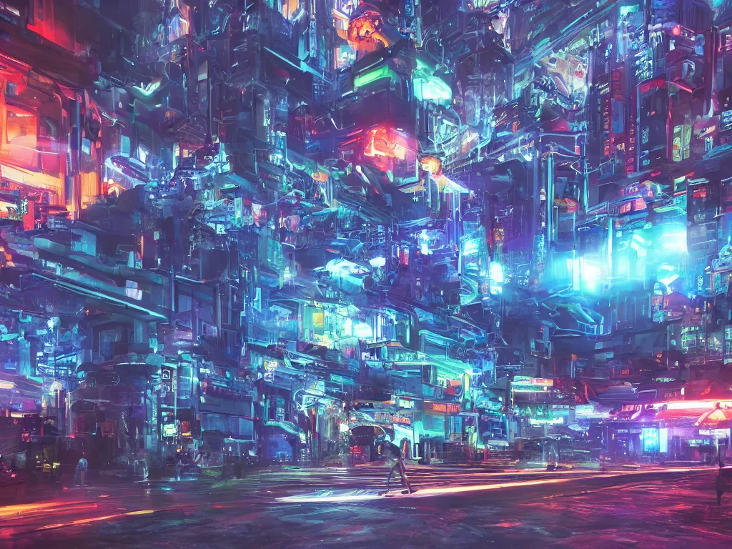 Prompt: futuristic sci-fi city at night with bright neon lights contrasting heavily with dark ominous buildings in three point perpective, primarily blue in color with orange and green accents, vibrant, contrast, 4k, volumetric, HDR, crisp, detailed, beautiful, concept art, matte painting, artstation, dynamic, colorful, spacious, reflective windows, futuristic cars, people, robots, sharp detailed reflections