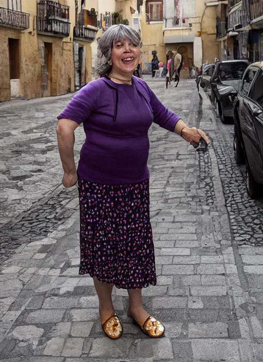 Prompt: Mid-shot portrait of an exquisite 50-year-old woman from Spain, chubby, with lovely look, happy, candid street portrait in the style of Martin Schoeller award winning, Sony a7R