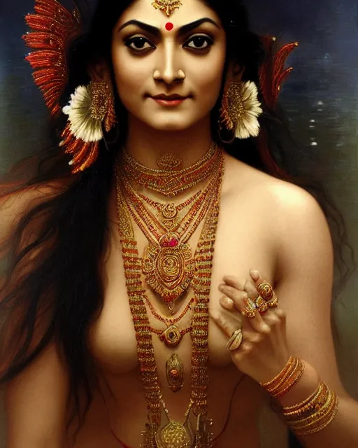 Prompt: Sushmita Sen as a beautiful Hindu Goddess, gorgeous, portrait, Symmetrical, powerful, intricate, beautiful, masterpiece, elegant, volumetric lighting, highly detailed, digital painting, hyper-realistic, artstation, sharp focus, no blur, illustration, William-Adolphe Bouguereau , ruan jia