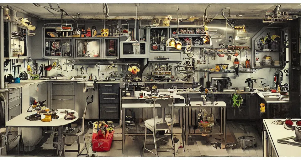 Image similar to IKEA catalogue photo of a cyberpunk kitchen on a spaceship, by Ravi Zupa