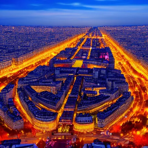 Image similar to an avenue in paris on a christmas night, colorful, aerial view, photorealistic, 8 k