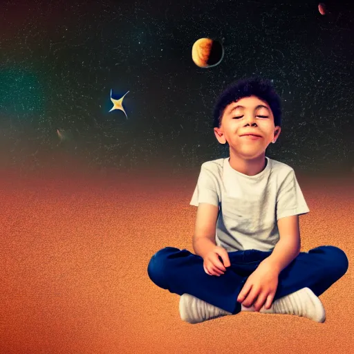 Prompt: a boy sitting on his own and playing with the universe