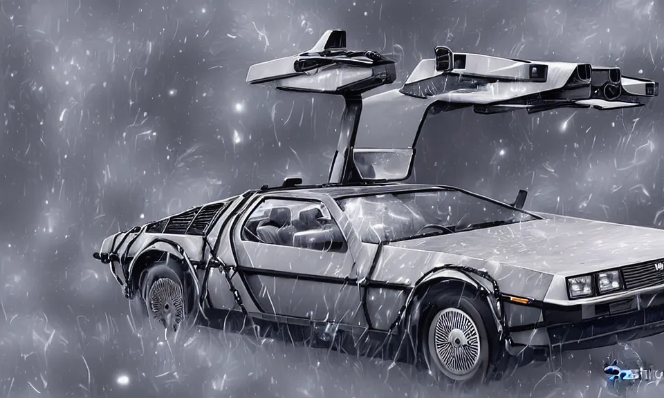 Image similar to a delorean travelling through time, digital art