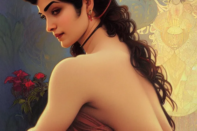 Image similar to sensual pale beautiful indian doctor in jeans, art deco portrait, elegant, intricate, digital painting, artstation, concept art, smooth, sharp focus, illustration, art by artgerm and greg rutkowski and alphonse mucha