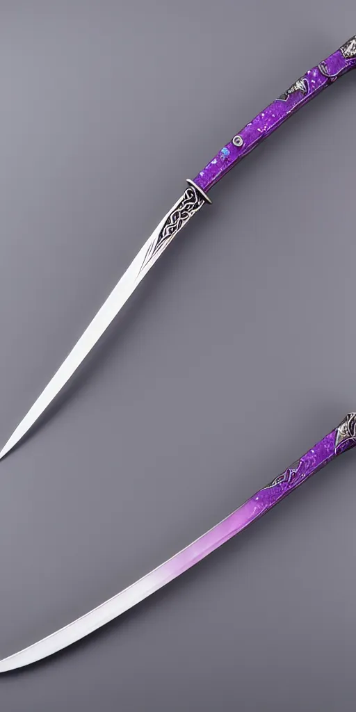 Prompt: a katana in the style of zdzisław beksinski, elegant, silver and amethyst, crescent moon motif, weapon, product photo