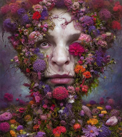 Prompt: portrait, stranger psycho, covered in flowers, horror, by michael page, alyssa monks, julie heffernan, glenn brown, naoto hattori, brian froud, nicola samori, paolo roversi, kilart, 8 k, hyper detailed, hyper realism, acrylic paint, surrealism.