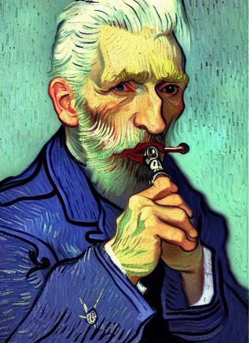 Image similar to portrait of a very old sailor with white hair smoking a pipe, detailed realism face in painting, detailed beautiful portrait, expressionist oil painting masterpiece, 8 k resolution, smooth, sharp focus, pastel color palette, trending on artstation, by van gogh