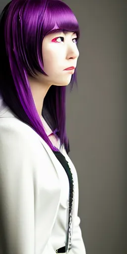 Prompt: a professional portrait of Kyoko Kirigiri, a young adult Japanese woman with long pale lavender hair with bangs, purple eyes, a mysterious expression, black gloves, symmetrical features, realistic 8k professional photography, midday lighting, mystery and detective themed, octane, volumetric lighting, 70mm