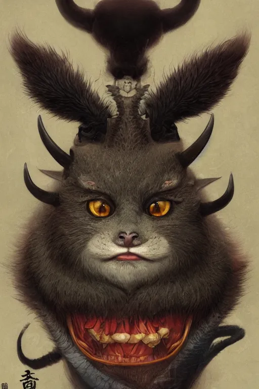 Prompt: a portrait of a cute japanese devil animal illustrated by miyazaki by karol bak, james jean, tom bagshaw, rococo, sharp focus, trending on artstation, cinematic lighting, hyper realism, octane render, 8 k, hyper detailed, vivid, ultra detailed, highly detailed