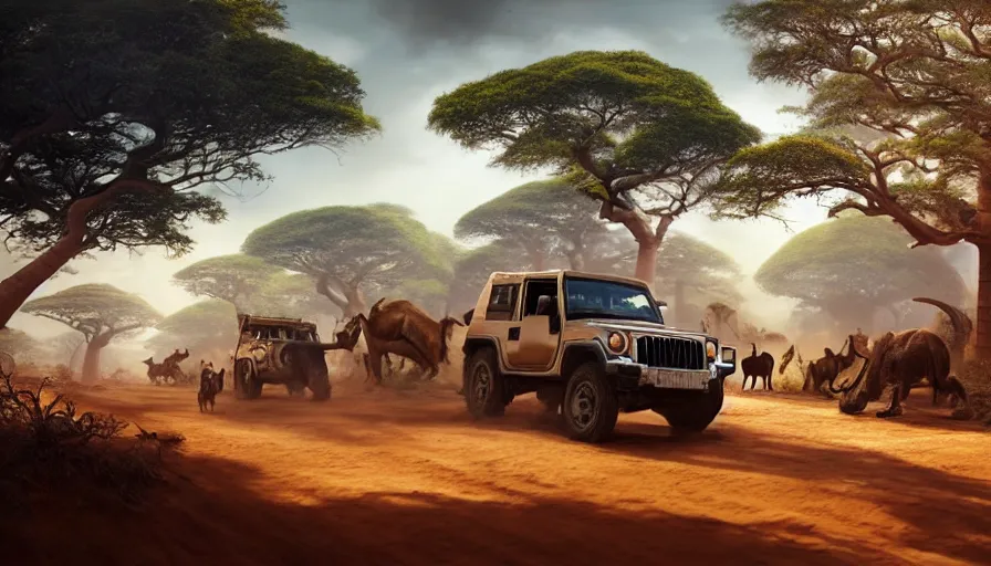 Image similar to mahindra thar driving through madagascar road with baobabs trees, animals running along, tribe members attacking, action scene, an epic fantasy, wide shot, trending on artstation, masterpiece, by greg rutkowski, by ross tran, by fenghua zhong, octane, soft render, ultrarealistic, colorful, cinematic, horizon forbidden west