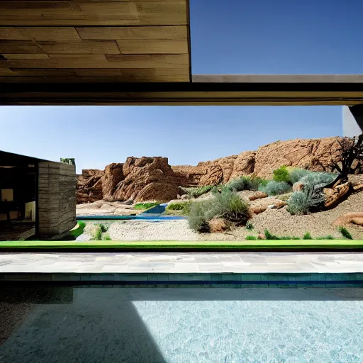 Prompt: brutalism conceptual house in the desert, biophilia mood, pool, garden, highly detailed, cinematic, photorealistic,