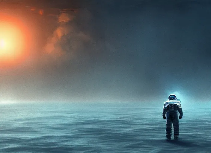 Image similar to astronaut holding a flag in an underwater desert. a submarine is visible in the distance. dark, concept art, cinematic, dramatic, atmospheric, 8 k, trending on artstation, blue, fish, low visibility, fog, ocean floor, christopher nolan, interstellar