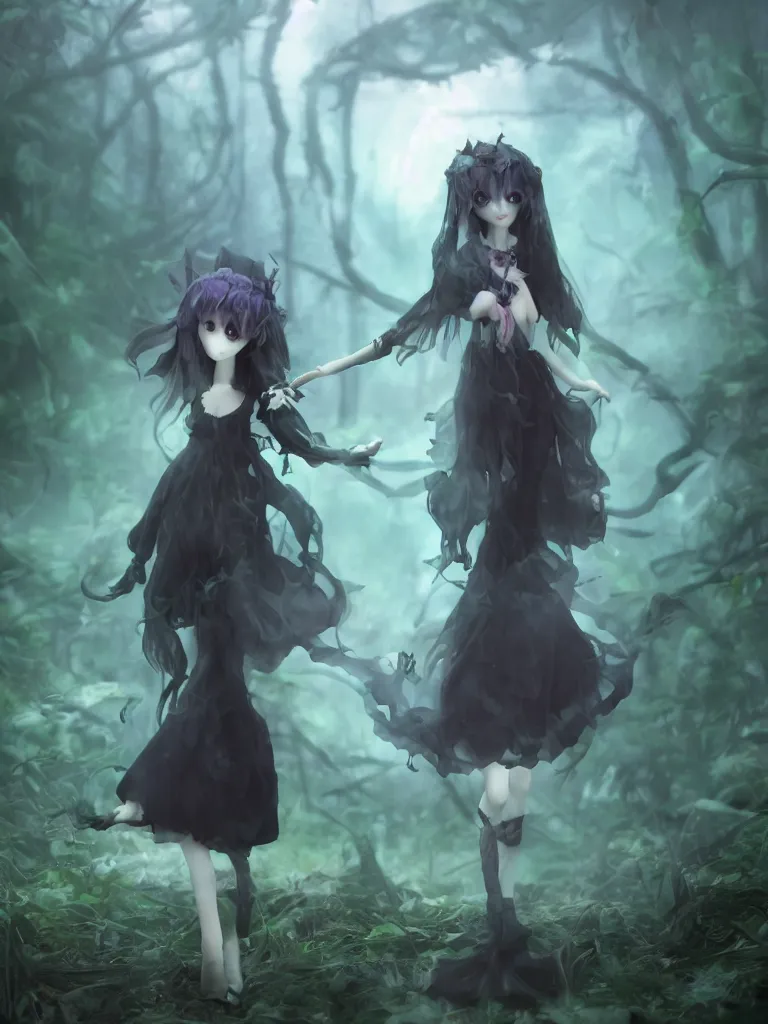 Image similar to cute fumo plush of a frail cursed witch girl wandering the depths of the forbidden jungle, gothic wraith maiden, wispy smoke and volumetric fog, beyond the mirror, asymmetric beauty, vignette, vray