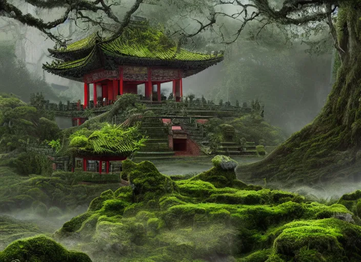 Prompt: A very detailed matte painting of mysterious ancient Chinese temple overgrown with moss, lush plants, verdan trees, breathtaking, hyper-realistic, volumetric lighting, 4k resolution, digital art, trending on Artstation