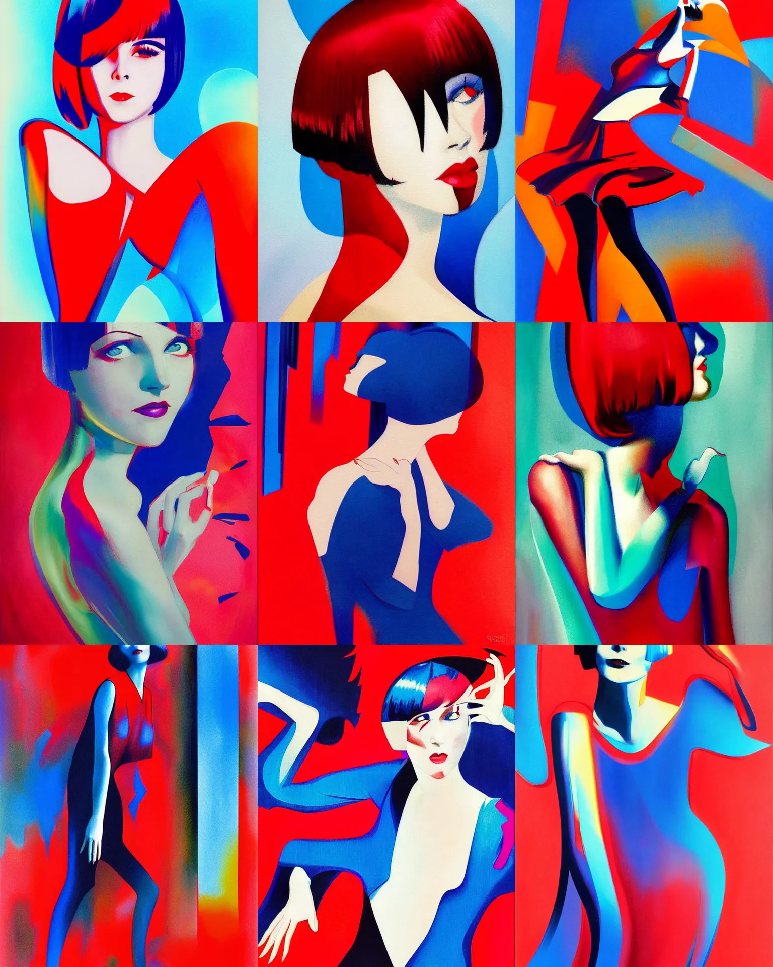 Image similar to full length portrait of 2 0 year old mary louise brooks dancing, shiny bob haircut, dramatic light, red and blue abstract art deco city background, air brush art, high contrast, sharp,, painted by ross tran 1 9 2 0 s