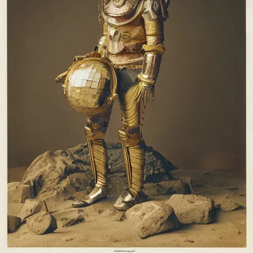 Image similar to photography of space traveller with ancient helmet and suit full of ornaments by bertel thorvaldsen