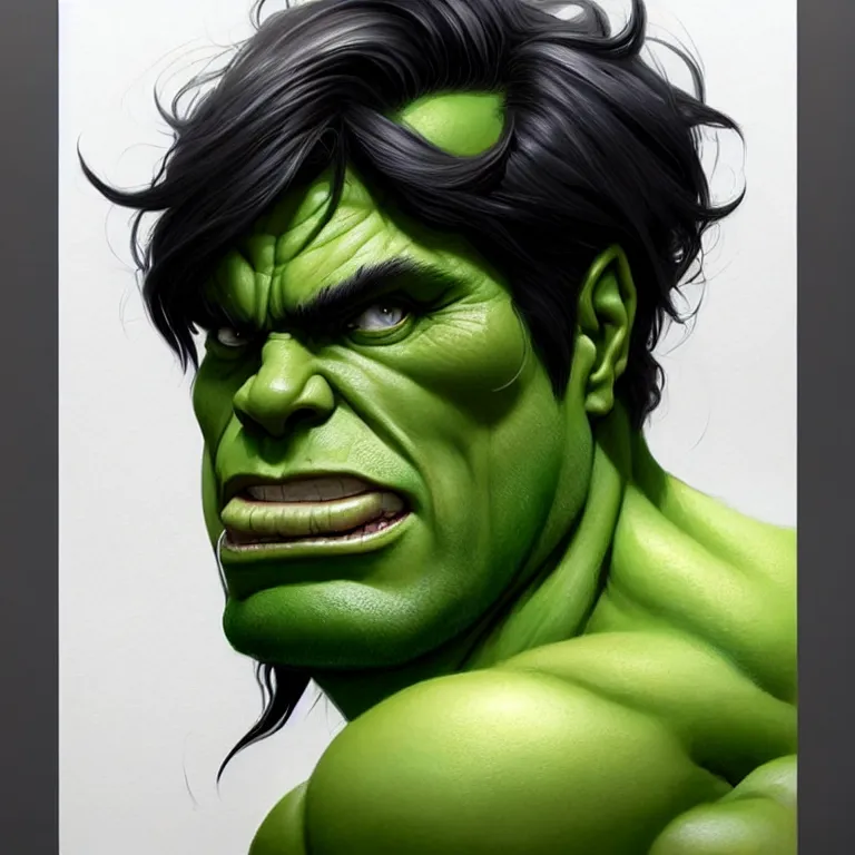 Prompt: portrait of gender neutral hulk, black hair, green eyes, elegant, real life skin, intricate artwork, high detailed, artstation, concept art, smooth, sharp focus, art by artgerm and greg rutkowski @ ruprechy