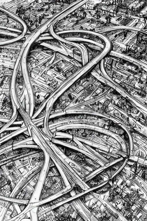 Image similar to The world's most intricate and detailed drawing of a highway intersection after world War , by Kim Jung GI. HD.