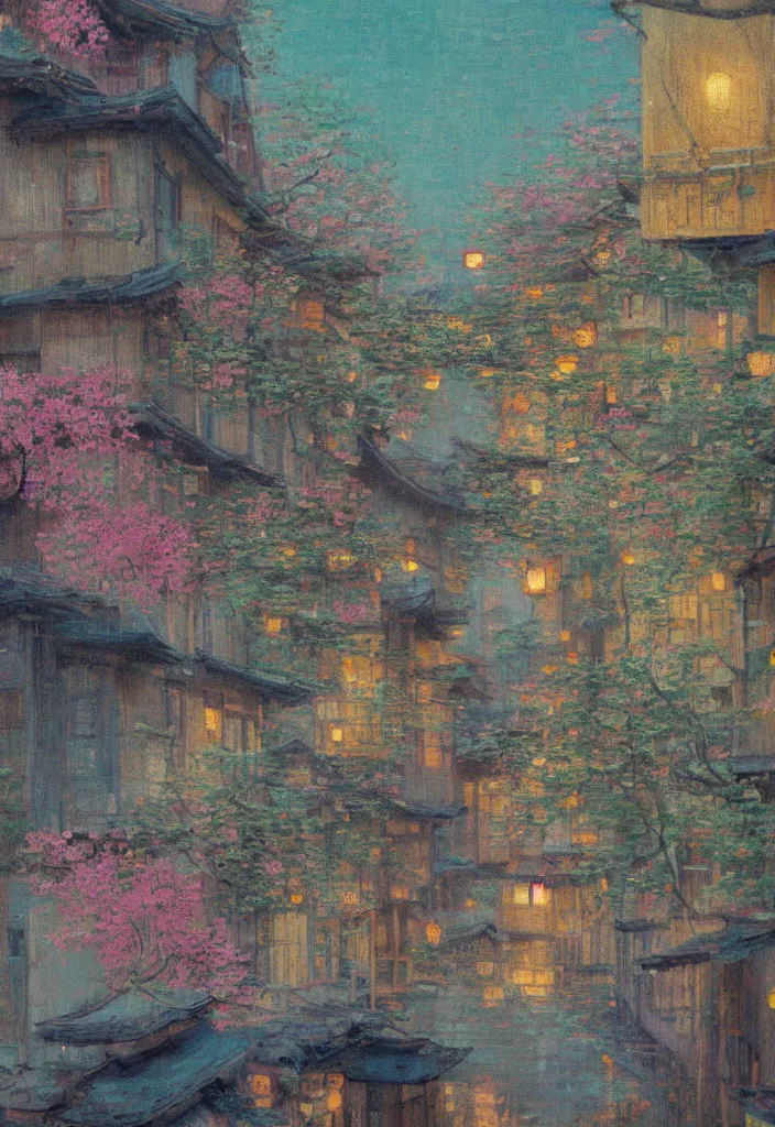 Image similar to a beautiful japanese city near the sea, amazing ryokans and gorgeous edo era houses, epic cyberpunk, lofi vibe, colorful, vivide colors, amazing light, really beautiful nature, oil painting in impressionist style, by jeremy lipkin, by claude monet, by makoto shinkai, multiple brush strokes, inspired by ghibli, masterpiece, beautiful