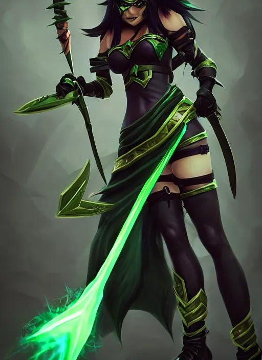 Image similar to dark akali, from league of legends, holding green daggers, ninja costume, hyper detailed, digital art, trending in artstation, cinematic lighting, studio quality, smooth render, unreal engine 5 rendered, octane rendered, art style by klimt and nixeu and ian sprigger and wlop and krenz cushart