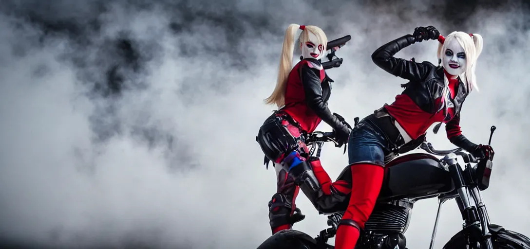 Prompt: real-life Harley Quinn riding a motorcycle holding a baseball bat, cinematic, Low angle, atmospheric fog and lighting