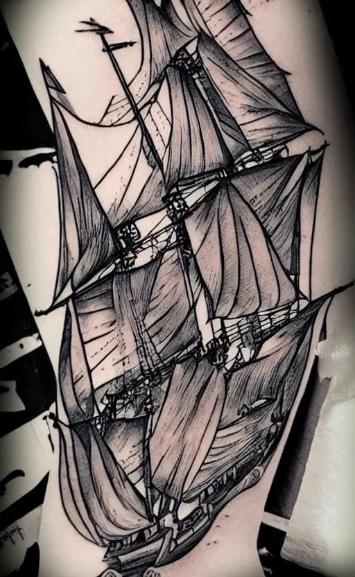 Image similar to A tattoo design on paper of a pirate ship, on paper, black and white, highly detailed tattoo, realistic tattoo, realism tattoo, beautiful shades