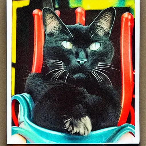 Image similar to black cat on a rollercoaster. happy. sunlight. polaroid photo. bright colors.